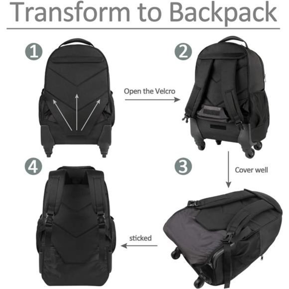 Rolling Backpack with 4Wheels,17inch Roller Travel Laptop Backpack for Women Men - Picture 5 of 7